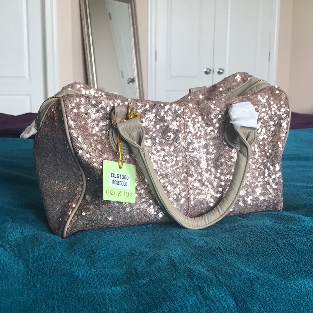 Rose gold sequin satchel purse w/crossbody strap